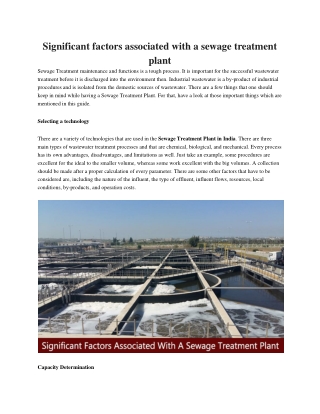 Significant factors associated with a sewage treatment plant