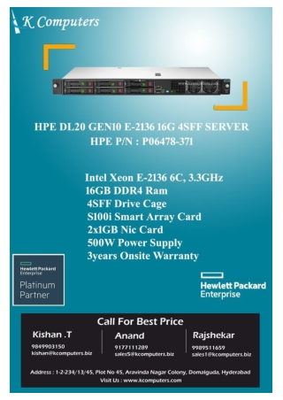 HPE DL20 GEN10 E-2136 16G 4SFF SERVER