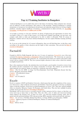 Top A.I Training Institutes in Bangalore
