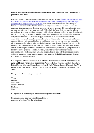 Agua fortificada y elixires de hierbas Bebida antioxidante del mercado Factores clave, estado y pronóstico, 2021-2030