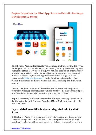 Paytm Launches its Mini App Store to Benefit Startups, Developers & Users