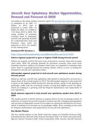 Aircraft Seat Upholstery Market Opportunities, Demand and Forecast to 2025