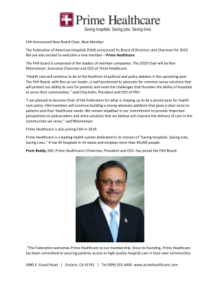 Dr. Prem Reddy, as Chair-Elect for 2021 Board of Directors