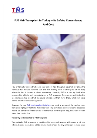 FUE Hair Transplant In Turkey – Its Safety, Convenience, And Cost