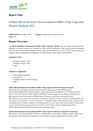 Metal Insulator Semiconductor(MIS) Chip Capacitor Market Outlook 2021