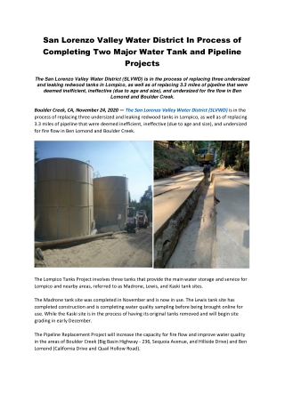 San Lorenzo Valley Water District In Process of Completing Two Major Water Tank and Pipeline Projects