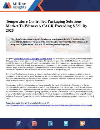 Temperature Controlled Packaging Solutions Market To Witness A CAGR Exceeding 8.3% By 2025