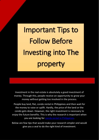 Important Tips to Follow Before Investing into The property