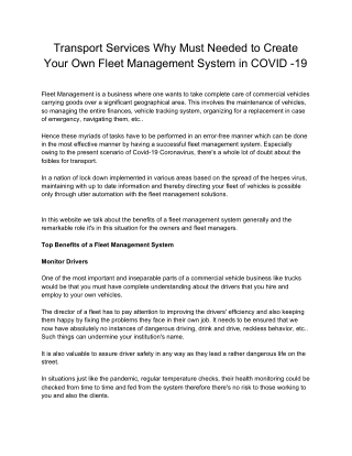 Transport Services Why Must Needed to Create Your Own Fleet Management System in COVID -19