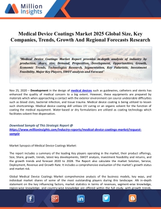 Medical Device Coatings Market 2025 Analysis, Key Growth Drivers, Challenges, Leading Key Players Review, Demand
