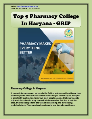 Top 5 Pharmacy College In Haryana - GRIP