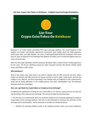 LIST YOUR CRYPTO COIN / TOKEN ON KOINBAZAR - A DIGITAL ASSET EXCHANGE MARKETPLACE