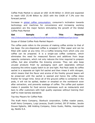 Coffee Pods Market 2020 – Industry Scenario, Strategies, Growth Factors And Forecast 2025