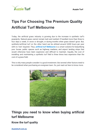 Tips For Choosing The Premium Quality Artificial Turf Melbourne