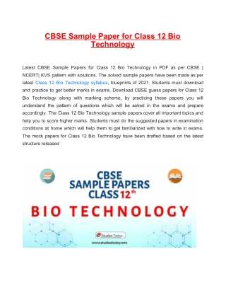 Download CBSE Sample Paper 2021 for Class 12 Bio Technology with solution in PDF