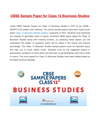 CBSE Sample Paper 2021 for Class 12 Business Studies Based on Revised CBSE Syllabus 2020-21