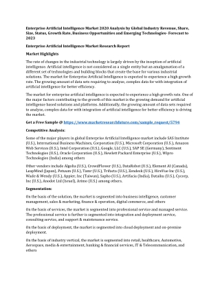 Enterprise Artificial Intelligence Market 2020 Analysis by Global Industry Revenue, Share, Size, Status, Growth Rate, Bu