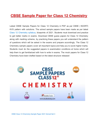 Download CBSE Sample Paper 2021 for Class 12 Chemistry with solution in PDF