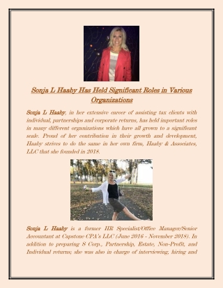 Sonja L Haaby Has Held Significant Roles in Various Organizations