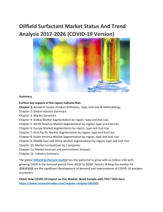 Oilfield Surfactant Chemicals Market Status And Trend Analysis 2017-2026 (COVID-19 Version)