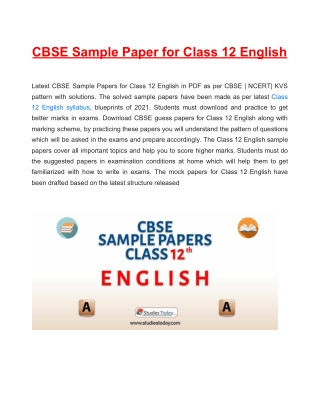 CBSE Sample Paper 2021 for Class 12 English Based on Revised CBSE Syllabus 2020-21