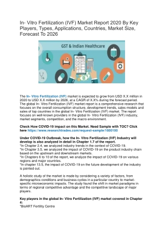 In- Vitro Fertilization (IVF) Market Report 2020 By Key Players, Types, Applications, Countries, Market Size, Forecast T