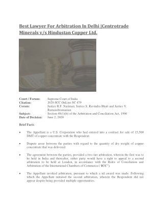 Best Lawyer For Arbitration In Delhi |Centrotrade Minerals v/s Hindustan Copper Ltd.