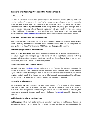 Reasons to have Mobile App Development for Wordpress Website
