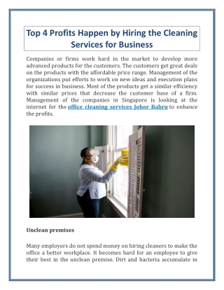 Top 4 Profits Happen by Hiring the Cleaning Services for Business