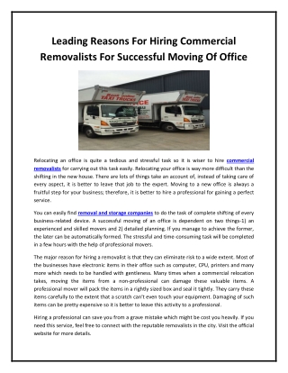 Leading Reasons For Hiring Commercial Removalists For Successful Moving Of Office