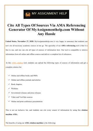 Cite All Types Of Sources Via AMA Referencing Generator Of MyAssignmenthelp.com Without Any Hassle