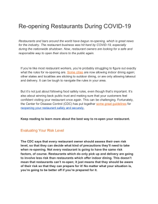 Re-opening Restaurants During COVID-19