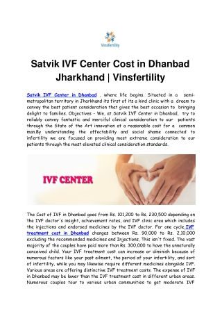 Satvik IVF Center Cost in Dhanbad Jharkhand | Vinsfertility