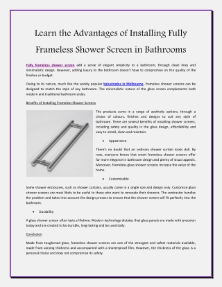 Learn the Advantages of Installing Fully Frameless Shower Screen in Bathrooms