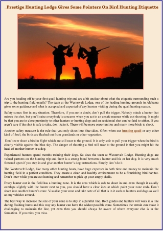 Prestige Hunting Lodge Gives Some Pointers On Bird Hunting Etiquette