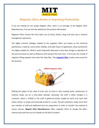 Magnetic Lifter Assists in Improving Productivity