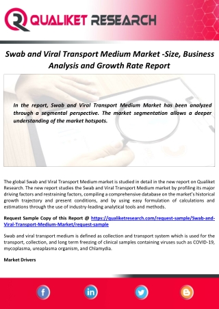 Swab and Viral Transport Medium Market Size and Forecast Report to 2027