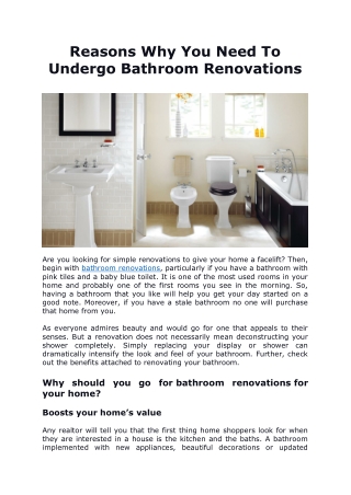 Reasons Why You Need To Undergo Bathroom Renovations