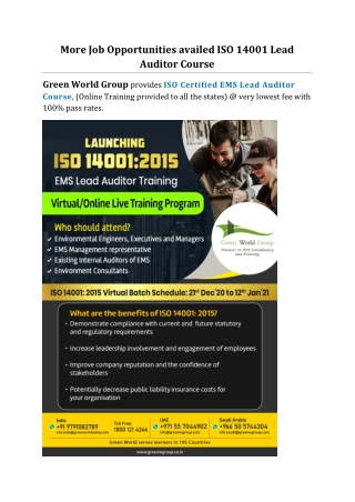 More Job Opportunities availed ISO 14001 Lead Auditor Course