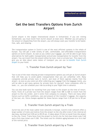 Get the best Transfers Options from Zurich Airport