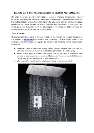 Learn to Get a Brief Knowledge About Renovating Your Bathrooms