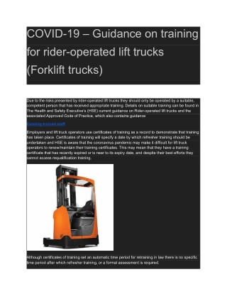 COVID-19 – Guidance on training for rider-operated lift trucks (Forklift trucks)