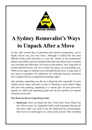 Sydney Removalist’s Ways to Unpack After a Move