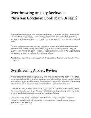 Overthrowing Anxiety Reviews–Christian Goodman Book