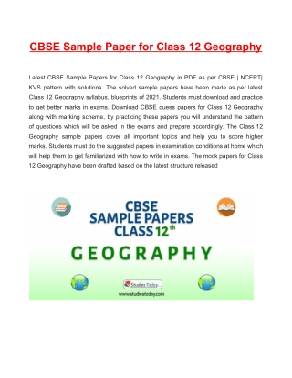 Download CBSE Sample Paper 2021 for Class 12 Geography with solution in PDF