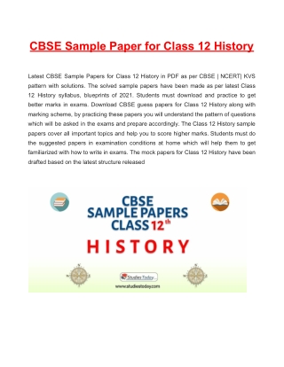 Download CBSE Sample Paper 2021 for Class 12 History with solution in PDF