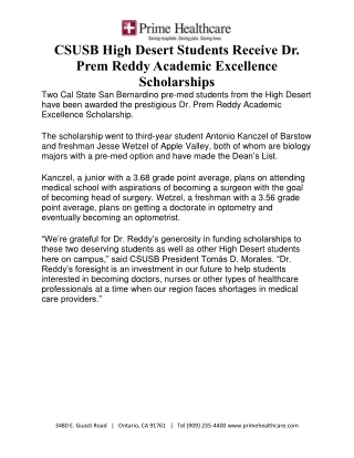 CSUSB High Desert Students Receive Dr. Prem Reddy Academic Excellence Scholarships