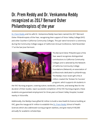 Dr. Prem Reddy and Dr. Venkamma Reddy recognized as 2017 Bernard Osher Philanthropists of the year