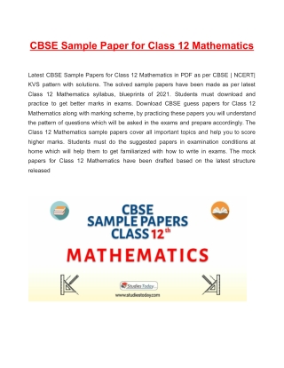 Download CBSE Sample Paper 2021 for Class 12 Mathematics with solution in PDF