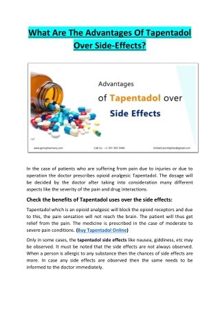 What Are The Advantages Of Tapentadol Over Side-Effects? Tapentadol 100mg
